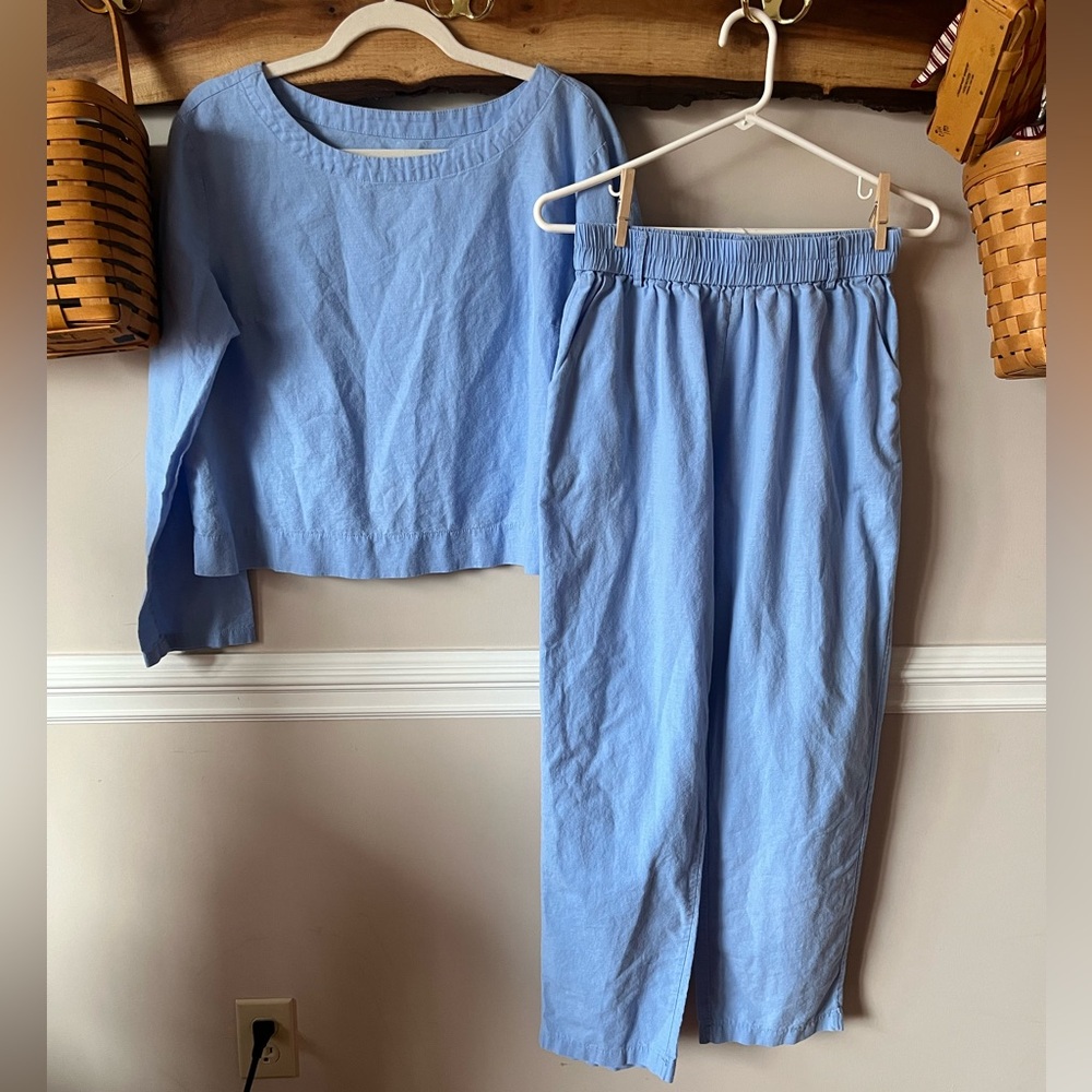 Vintage Linen Cotton Cornflower Blue High Rise Pants Top Blouse Shirt Set M